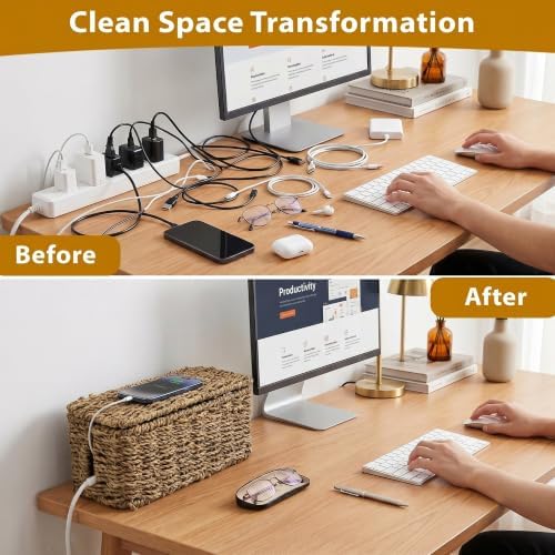 2 Pack Handwoven Cable Management Box with Lid, Decorative Cord Organizer for Power Strips, Chargers, TV Wires, Desk, Ho
