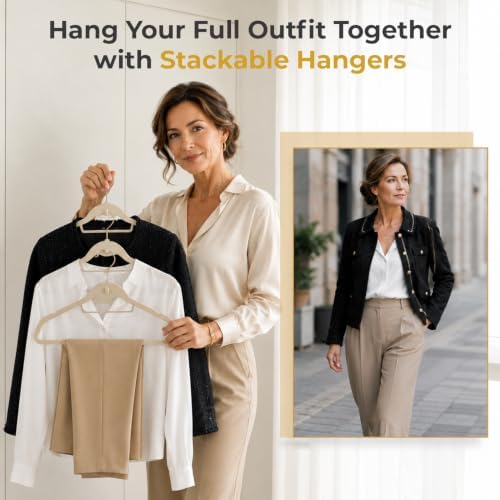 Ivory Velvet Hangers 50 Pack with Stackable Cascading Gloden Hook
