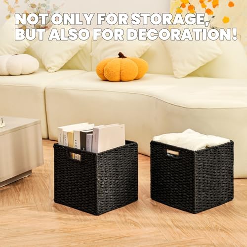 ICERZCZ Black Storage Bins, Wicker Storage Baskets for organizing, Paper Rope Woven Basket for Storage, 11 Inch Storage 