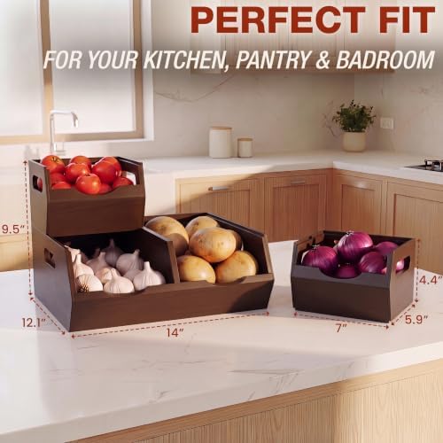 HOMESTEAD Stackable Solid Wood Storage Bins for Kitchen Pantry & Countertop, Ventilated Potato and Onion Basket Organize