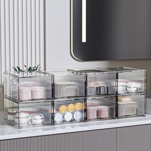 ZHIAI 8 Pack Clear Stackable Storage Drawer, Acrylic Drawer, Cosmetic Organizer, Plastic Organizer for Dresser, Under, K