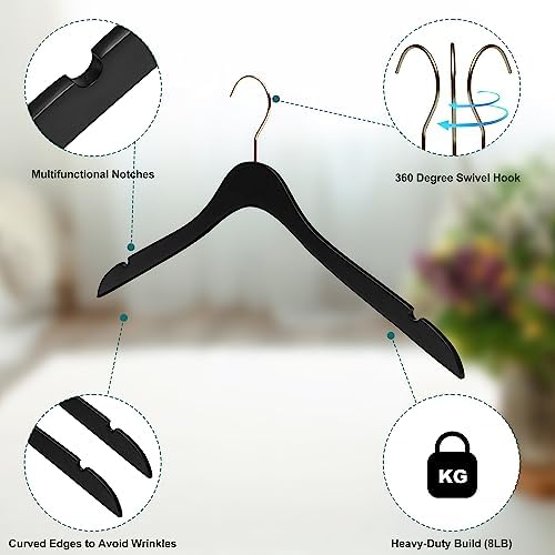 20 Luxury 16.5" Ultra Thin Space Saving Black Wooden Hangers, 360 Degree Swivel Hook, Best for Suit, Coat Hangers Shirts, Blouses, Pant, Dress Hangers Black with Gold Hook (Black, No Bar, 20)