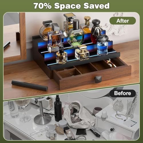 3 Tier Wooden Perfumes Stand with LED Light, Perfume Cologne Organizer for Men, Desktop Parfum Holder Wood Display Shelf