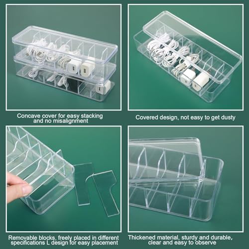 ProSuites Cable Organizer Box with Lid, 5 Pcs Clear Cord Storage Organizer with 50 Cable Ties 108 Cable Labels, Charger 