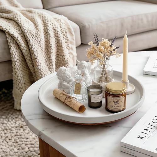 Ceramic Lazy Susan Turntable Organizer, 10.3 Inch Round Rotating Tray with Acacia Wood Base, White Speckled Glazed Spice