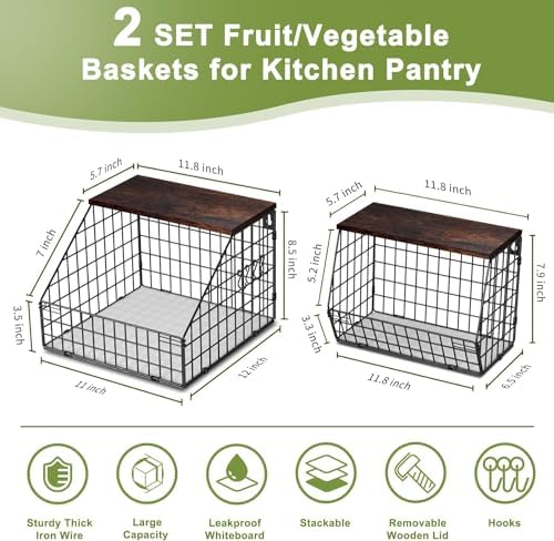 Fruit and Vegetable storage, 2 Set Wall Mounted Wire Baskets, Fruit Basket for Kitchen Counter, Hanging Fruit Basket, Po