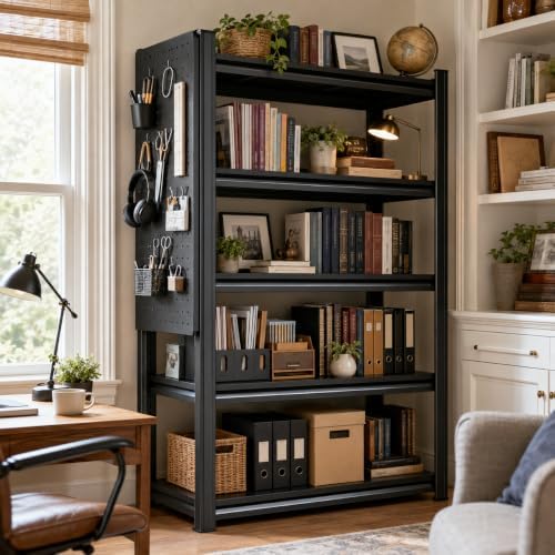 PRESTELION Heavy Duty 5 Tier Metal Bookshelf with Pegboard and Hooks