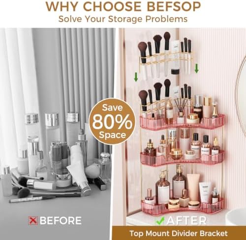 BEFSOP Corner Bathroom Counter Organizer, Upgraded 3-Tier Makeup Organizer Countertop with Makeup Brush Holder, Skincare