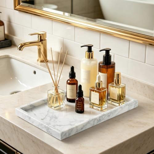Real Natural Large Marble Tray for Bathroom, Vanity, Kitchen Counter