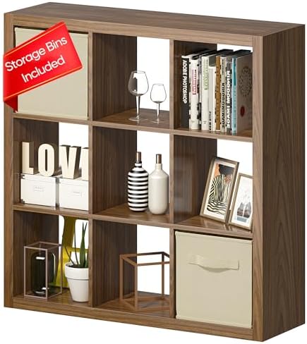 Bookshelf with Storage Bins, 9-Cube Storage Organizer Sturdy Wooden Bookcase Open Book Shelf, Multifunctional Cubicle Ra