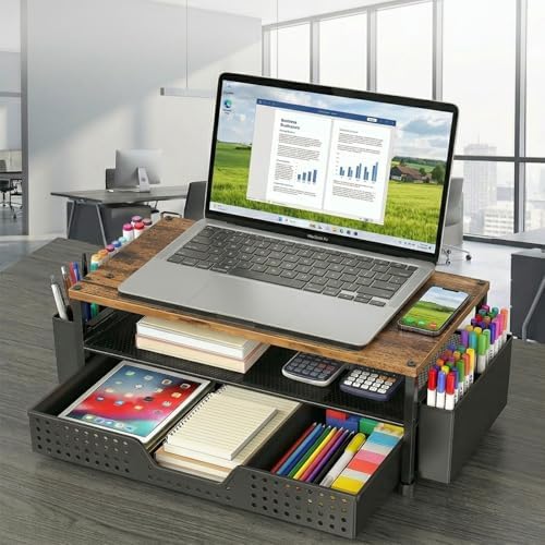 Desk Organizer and Accessories, 2-Tier Computer Monitor Stand Rise with Phone Holder, Drawer & 2 Pen Holders, Laptop & P