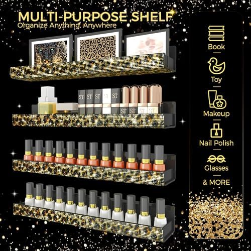 Nail Polish Wall Shelf -15 Inch Acrylic Black with Bling Leopard Print Sparkling Crystal Rhinestone, Essential Oil Organ
