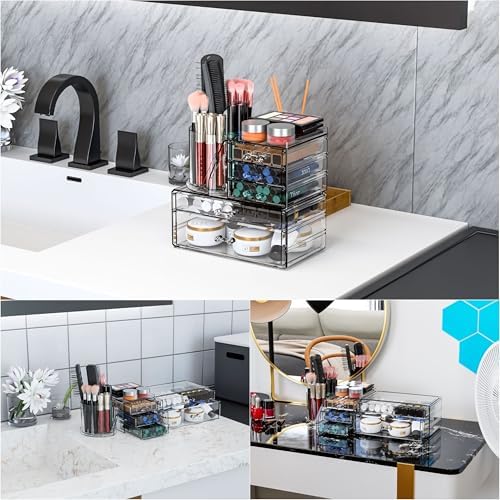 Clear Acrylic Makeup Organizers for Vanity,Countertop,3 Pack Make up Drawer Organizer With Makeup Brush Holder,Plastic S