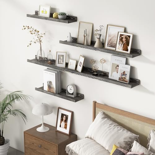 FLYJOE 24 Inches Floating Shelves for Wall, Solid Pine Wood Picture Ledge Shelves, Wall Shelves with Lips, Nursery Book Shelves for Toys Storage Living Room Bedroom Photo Frames (2 Pcs, Grey)