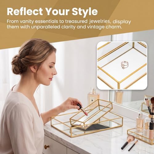 Lyellfe 2 Pack Perfume Trays, Decorative Gold Mirror Tray