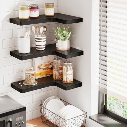 Fixwal Corner Floating Shelves for Wall Mounted Natural Solid Wood 16"x11.4" Farmhouse Home Decor Display Shelving Set o