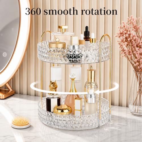 Large Capacity Rotating Makeup Organizer Perfume Stand Holder, 2 Tier Clear