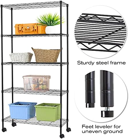 HCY 5-Tier Shelving Unit Storage Shelves with Wheels 60inx30inx14in