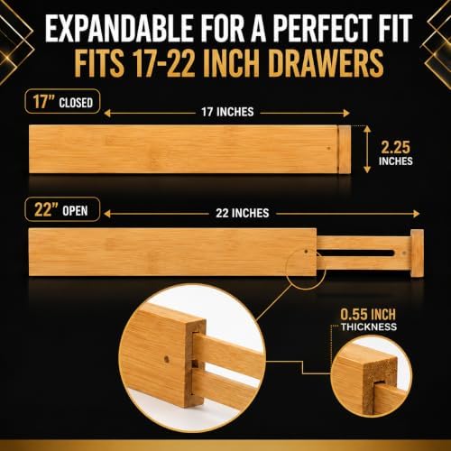 Adjustable Bamboo Drawer Dividers Expandable 8 Pack 17-22 Organizer