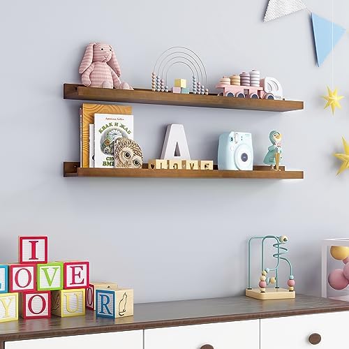 FLYJOE Picture Ledge Wall Shelves 36 inch Width Set of 2, Solid Pine Wood Rustic Floating Ledge Shelves for Wall for Kids' Room Bedroom Kitchen Bathroom Living Room Nursery Display Wall Decor, Walnut