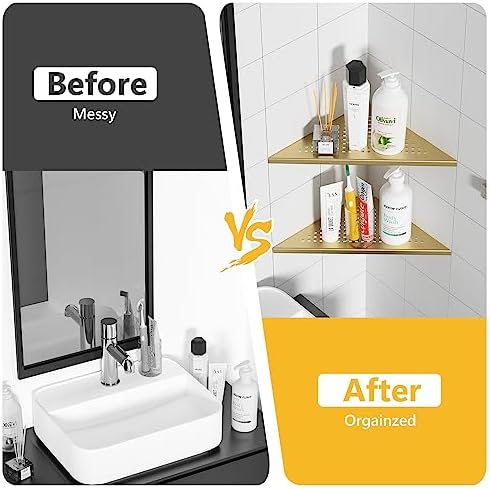 Neodrain 12" Golden Corner Wall Shelf with Quadrato Grate, Set of 2