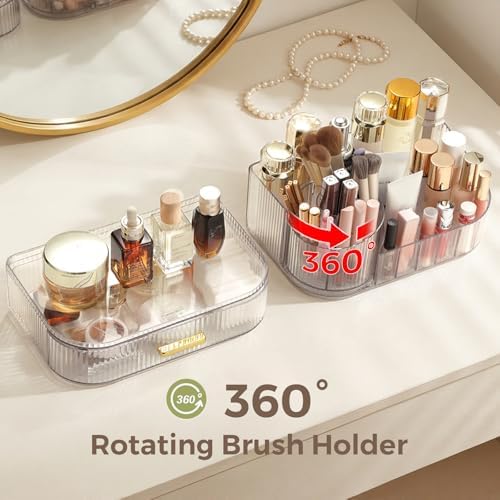 Delamu Rotating Makeup Organizer countertop, Brush Holder for Vanity, Clear