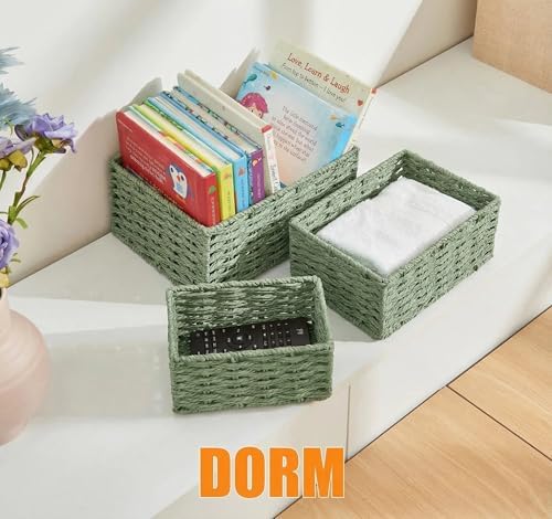 Small Wicker Basket for Organizing, Woven Storage Basket Set of 3 - Handwoven Natural Paper Rope Baskets to Declutter An