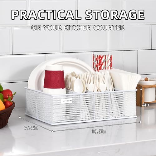 VIKEYHOME Paper Plate Organizer, Metal Silverware Caddy, White