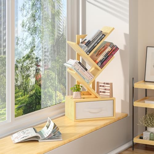 SHEEPAM 4-Tier Tree Bookshelf Small Bookcase with Drawer
