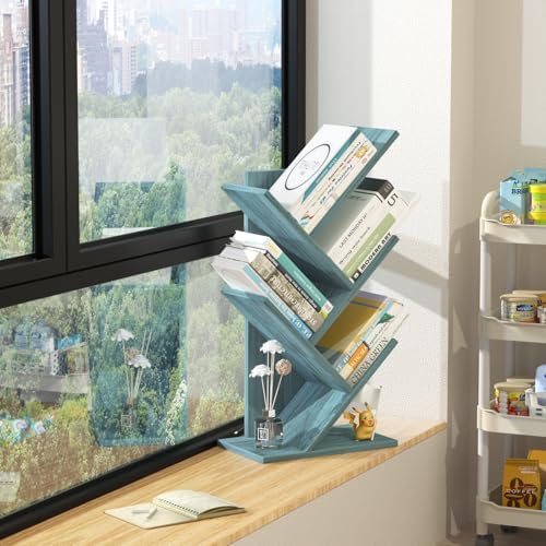 SHEEPAM Small Tree Book Shelf,5 Tier Bookshelf, Wood Desktop Bookcase