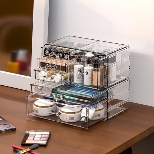 Cq acrylic 2 Pack Clear Desk Organizer With Drawers,Stackable 6 Drawers Skincare Organizer,Cute Skin Care Organizers for