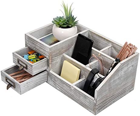 Distressed Rustic Wooden Office Desktop Organizer Wood Shelf Tabletop Home Organizer Storage with Multiple Compartments 2 Tier Drawers,perfect Jewelry storage Display Box for Desk, Vanity (gray)