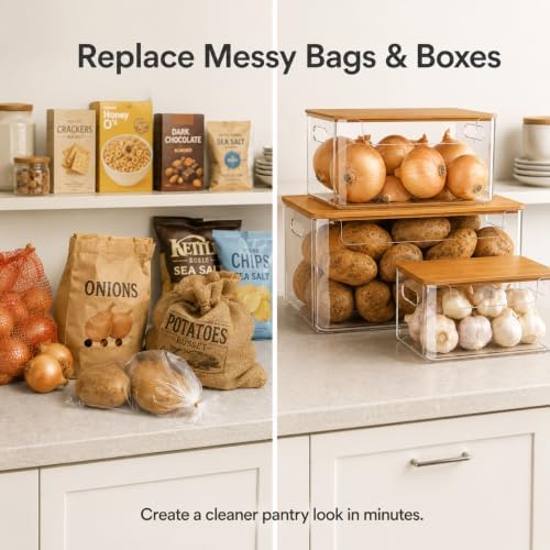 3 Pack Pantry Organizers and Storage Bins with Bamboo Lids,Trash Bag Holder
