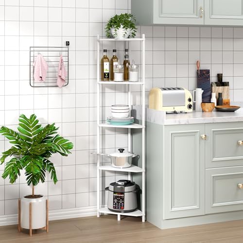 Corner Shelf Stand - 5 Tier Bamboo Small Corner Bookshelf for Office Kitchen Bedroom Plant Stand Living Room Decor Small
