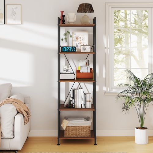 5 Tier Industrial Bookshelf, Storage Organizer, Walnut