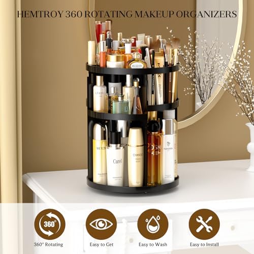 Makeup Organizer 360 rotating, Adjustable Skincare Organizers with Brush Holder, Cosmetics Display Cases for Vanity Bath