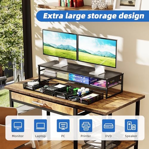 Simple Trending 2-Tier Metal Dual Monitor Stand with USB & 2 Drawers, Black