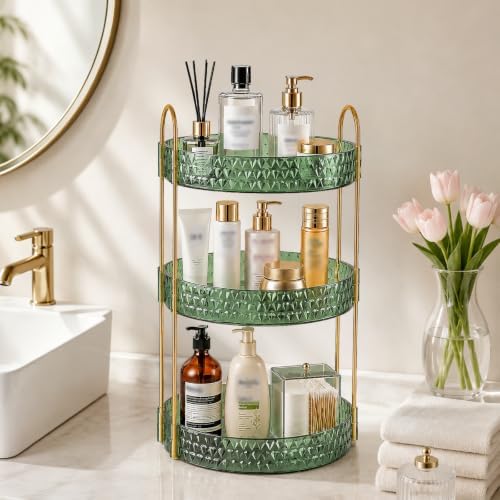 Large Capacity Rotating Makeup Organizer Perfume Stand Holder, 3 Tier Green