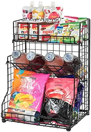 X-cosrack 3-Tier Snack Organizer Rack Bins with Adjustable Tilting Design for Pantry Storage,Metal Wire Snack Holder for