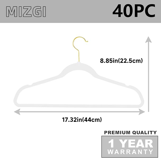 MIZGI Premium Velvet Hangers - 40 Pcs Heavy Duty, Non Slip Felt, Space Saving, White with Gold Hooks