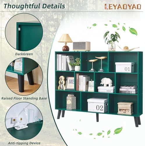 LEYAOYAO 10 Cube Bookshelf,Mid-Century Modern Bookcase with Legs,Dark Green