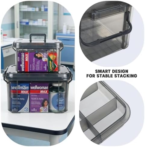 HEY FOLY Set of 2 Medicine Organizer - Plastic Storage Box with Handle Grey