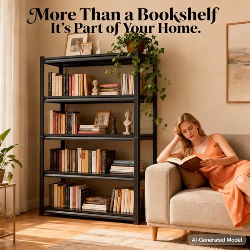 4 Tier Metal Bookshelf, Industrial Bookcase with Sturdy Steel Frame & Office Shelves, 1200LBS Display Shelving, Adjustab