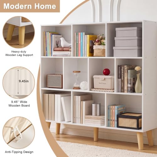 YAHARBO 10 Cube White Bookshelf,3 Tier Book Shelf with Legs,Modern Minimalist Bookcase,Open Book Shelves Storage Organiz