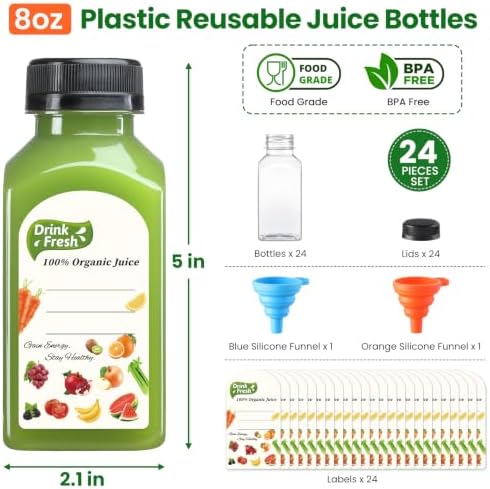 24 PACK, 8 OZ Reusable Thicker Plastic Juice Bottles with Caps, Leakproof