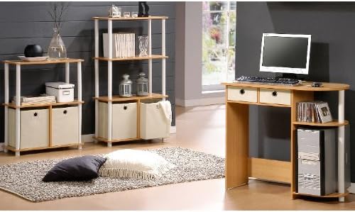 Furinno 99152BE/WH/IV 3-Tier Go Green Multipurpose Storage Rack Shelving Unit Bookshelf Cabinet with 2 Bins, Beech Finis