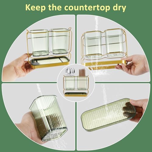 2 Pcs Green Toothbrush Holders for Bathrooms, 2 Cups Toothbrush Holders with Drain Tray, Wall Mounted Countertop Organiz