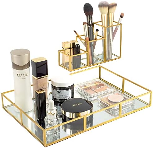 Gold Metal Frame and Glass Vanity Tray Set, Large Decorative Platform for Perfumes, Makeup Brushes, Jewelry Display, Off