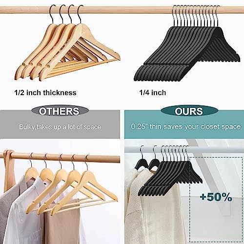 100 Luxury 16.5" Ultra Thin Space Saving Black Wooden Hangers, 360 Degree Swivel Hook, Best for Suit, Coat Hangers Shirts, Blouses, Pant, Dress Hangers Black with Gold Hook (Black, No Bar, 100)