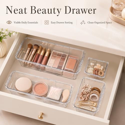 14 Pcs Adjustable Drawer Organizer, Expandable Clear Drawer Organizer